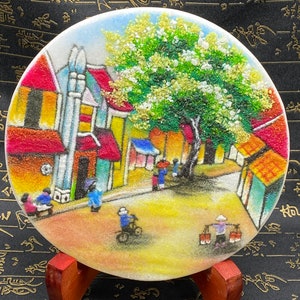 Stone handmade Village Vietnam Painting, Home |Office Decorative, gift idea (19x19CM) 3lb5oz #P1