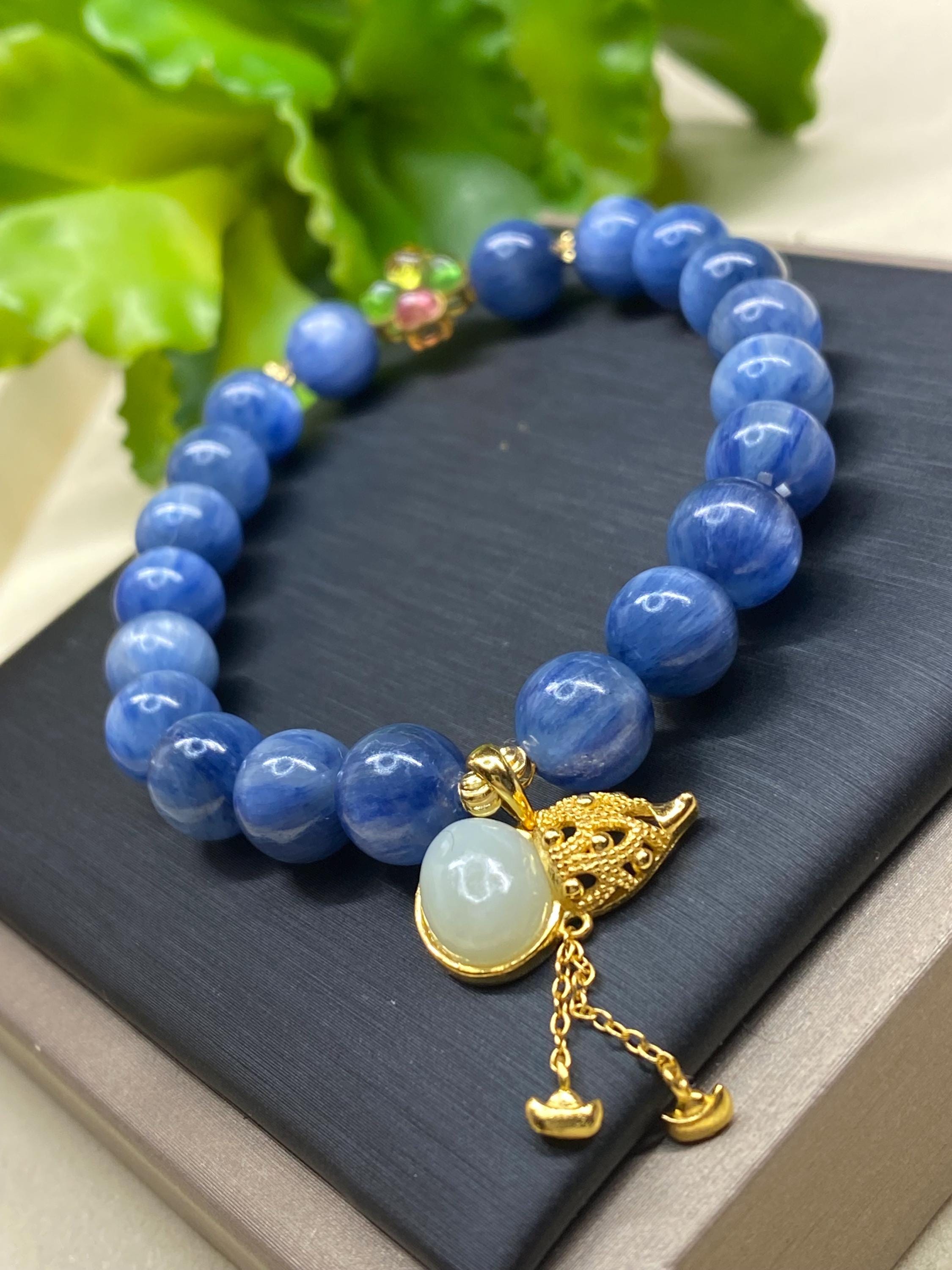 Kyanite gemstone bracelet 8.6MM mix Charms, Kyanite bracelet (Wrist 16CM/6.1/4”) #7754