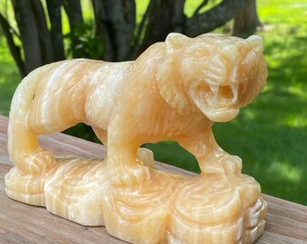 Tiger Feng Shui statue, natural Calcite gemstone handmadec decoration for office, home (2lb8oz)