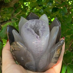 Hand Carved Agate Amethyst Lotus Flower: Home Altar Decor