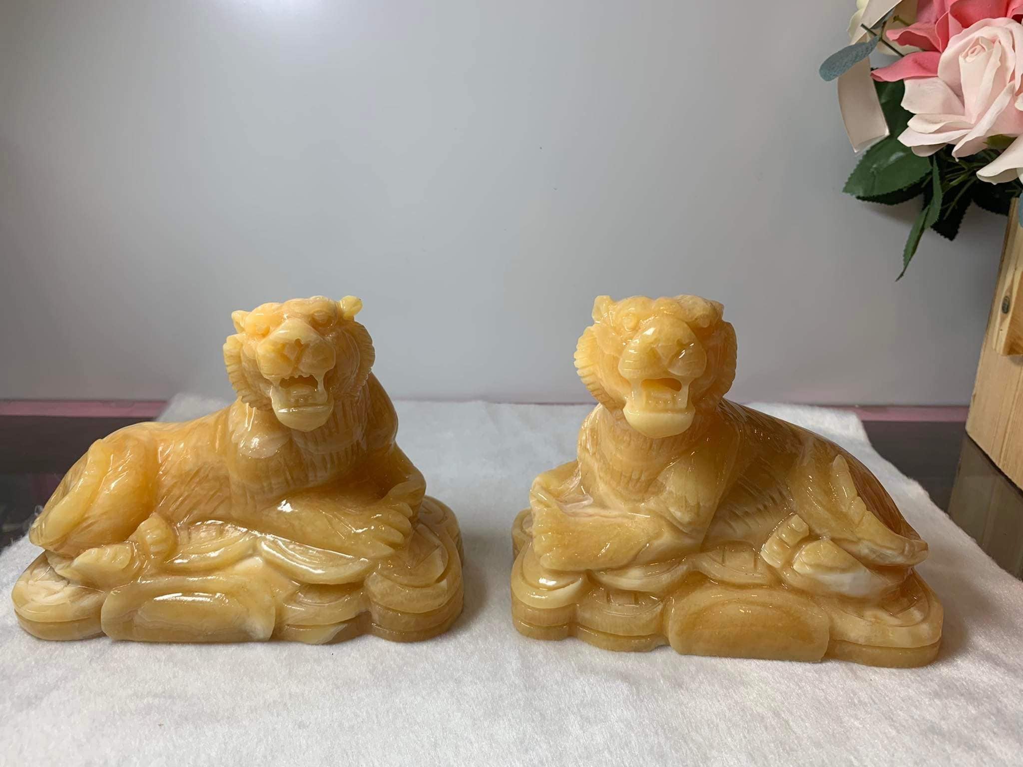Calcite Tiger Statue Pair | Hand Carved Fengshui Decor