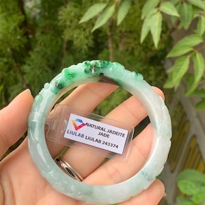 Jadeite Jade A Bangle Bracelet hand carved Flowers, untreated Jade (inner diameter:57.3MM/2.25”)
