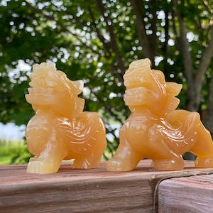 A Pair of Pixiu - Calcite stone Natural gemstone handmade statue (1lb7oz/pair; 4”x3.5”x1.1/2”/ea) for gift/home decoration