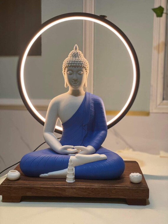 Set Porcelain Gautama Buddha Statue With Led Light Arch Wood