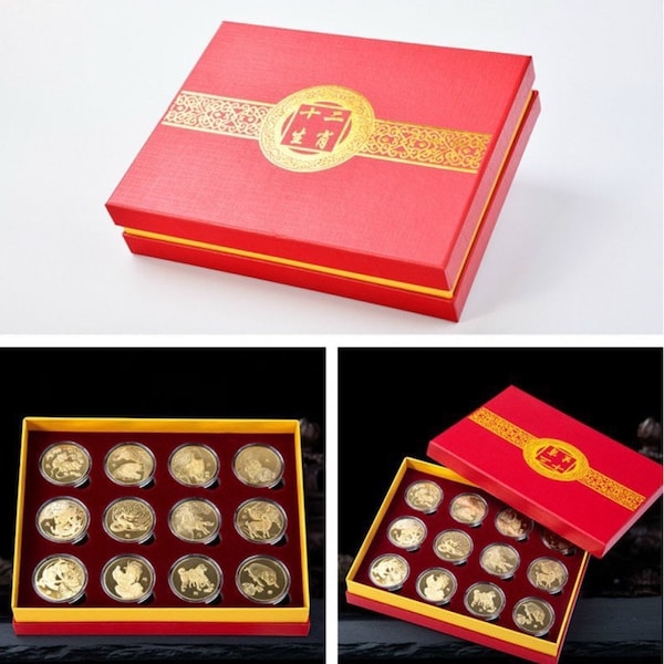 Set of 12 Chinese Zodiac, 18K plated copper coin, GIFT idea special for Lunar New Year, Birthday/ Decor (1lb6oz, 24x18x5CM)