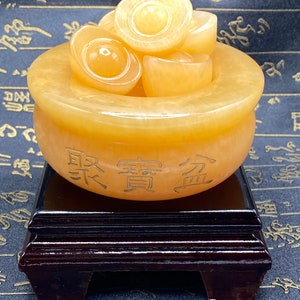 Basin Ingot-Fengshui ornaments attracting Wealth, Prosperity, Calcite stone, (wt Approx 3lbs)+wooden base Gift idea Lunar New Year