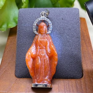 Jade gemstone hand carved Virgin Mary statue pendant, Jade pendant, Platinum plated silver
