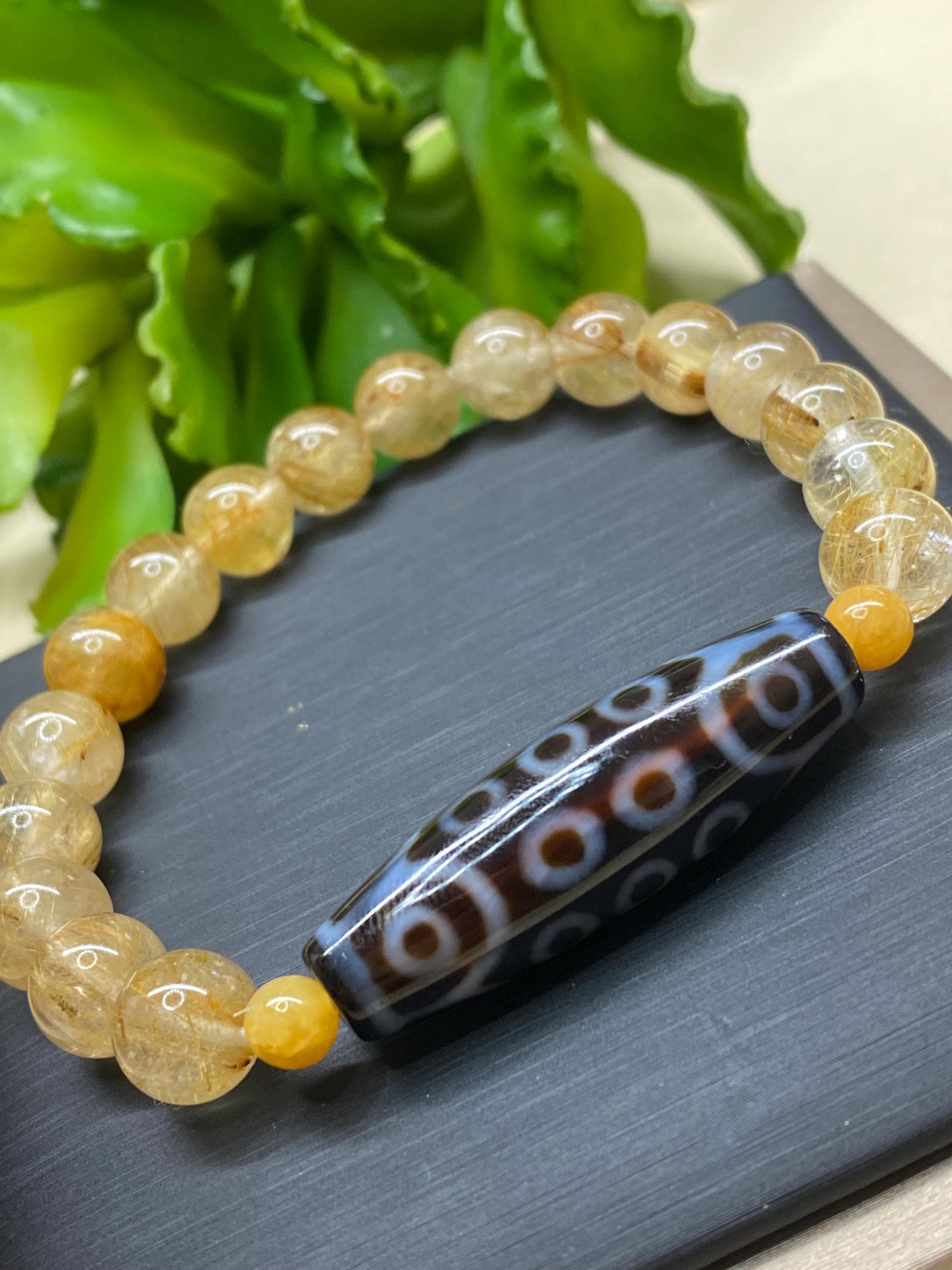 Rutilated Gemstone 9MM Bead Bracelet, Mix Charm Dzi 21 Eye #7759