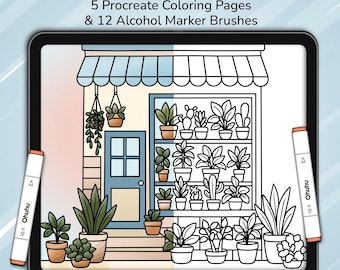 Pagine da colorare per Procreate + 12 pennelli con pennarelli a base alcolica / Kit da colorare "Negozio di piante accogliente" per iPad / 5 pagine digitali