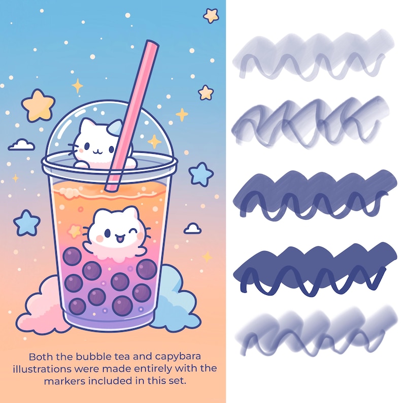 Op de afbeelding: Illustratie van een bubble tea met een kattenontwerp, een roze rietje en paarse boba. De achtergrond is een verloop van blauw en oranje met sterren en wolken. De tekst luidt: "Zowel de bubble tea- als de capibara-illustraties zijn volledig gemaakt met de in deze set meegeleverde markers."