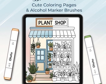 Procreate Coloring Pages & Alcohol Marker Brushes - Cozy Plant Shop (Digital Download)