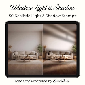 May include: A digital art product displayed on a tablet screen. The image shows a living room scene with a sofa, coffee table, and plants, split into two halves to demonstrate light and shadow effects. Text reads "Window Light & Shadow" and "50 Realistic Light & Shadow Stamps."