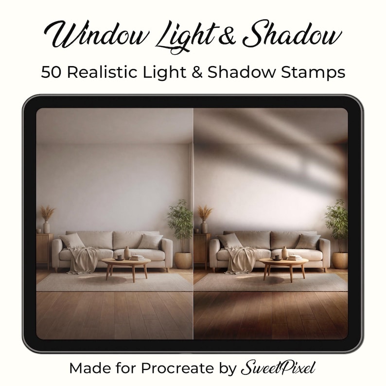 May include: A digital art product displayed on a tablet screen. The image shows a living room scene with a sofa, coffee table, and plants, split into two halves to demonstrate light and shadow effects. Text reads "Window Light & Shadow" and "50 Realistic Light & Shadow Stamps."