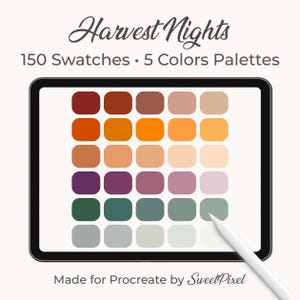 May include: A digital tablet displays a color palette titled "Harvest Nights" with 150 swatches and 5 color palettes. The color swatches are arranged in a grid, featuring shades of red, orange, purple, and green. A white stylus rests on the screen.