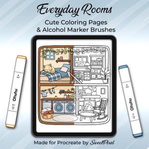 Procreate Alcohol Marker Kit – Realistic Brushes + 5 Everyday Rooms Cozy Coloring Pages