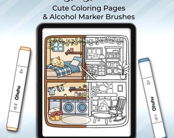 Procreate Alcohol Marker Kit – Realistic Brushes + 5 Everyday Rooms Cozy Coloring Pages