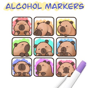 Op de afbeelding: Illustratie van negen cartoon capibara's in vierkante kaders met verschillende gekleurde achtergronden. De tekst "ALCOHOL MARKERS" staat bovenaan. Een paarse alcoholstift en een witte pen bevinden zich in de rechterbenedenhoek.