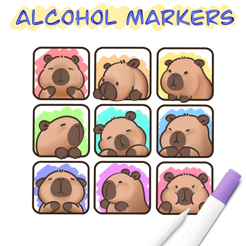 Op de afbeelding: Illustratie van negen cartoon capibara's in vierkante kaders met verschillende gekleurde achtergronden. De tekst "ALCOHOL MARKERS" staat bovenaan. Een paarse alcoholstift en een witte pen bevinden zich in de rechterbenedenhoek.