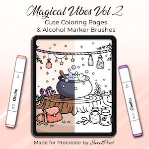 May include: A digital art product titled "Magical Vibes Vol 2" featuring cute coloring pages and alcohol marker brushes. The image includes a tablet displaying a half-colored illustration of a cauldron, crystals, and a purse, with two Ohuhu markers on either side.