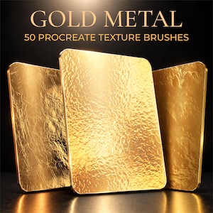 May include: Three rectangular panels with a reflective gold metal texture, each displaying a unique crinkled or hammered surface pattern. The text GOLD METAL 50 PROCREATE TEXTURE BRUSHES is displayed in a clean, sans-serif font at the top.