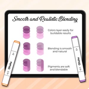 May include: A digital illustration demonstrating the blending qualities of Ohuhu markers. The image highlights colour layering, smooth blending, and soft, blendable pigments. The text reads "Smooth and Realistic Blending."