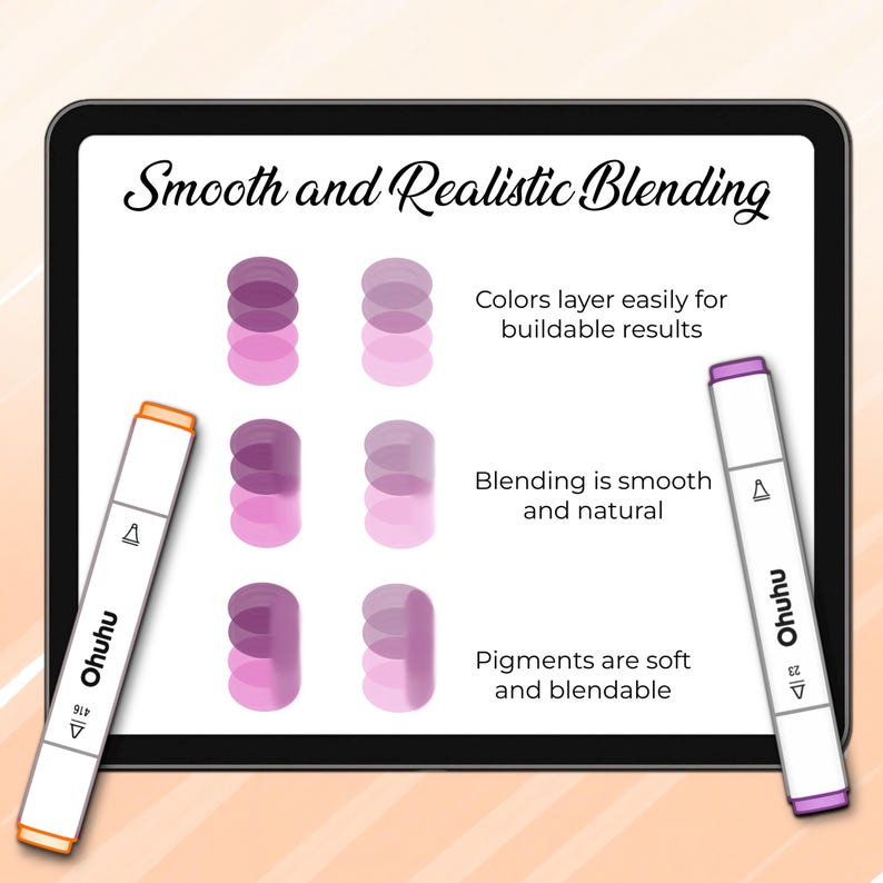 May include: A digital illustration demonstrating the blending qualities of Ohuhu markers. The image highlights colour layering, smooth blending, and soft, blendable pigments. The text reads "Smooth and Realistic Blending."