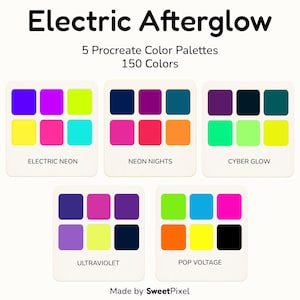 Puede incluir: Electric Afterglow 5 paletas de colores Procreate 150 colores. Cinco conjuntos de seis muestras de color etiquetadas como Electric Neon, Neon Nights, Cyber Glow, Ultraviolet y Pop Voltage. Las paletas presentan tonos neón brillantes.