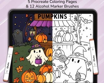 Pagine da colorare di Halloween per Procreate + 12 pennelli per pennarelli a base alcolica / 10 pagine da colorare spettrali per iPad