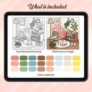 Puede incluir: Una impresi&oacute;n de arte digital en una pantalla de tableta, que presenta una p&aacute;gina de libro para colorear y una imagen de referencia coloreada de una acogedora sala de estar. La imagen incluye una paleta de colores y el texto "What is included".