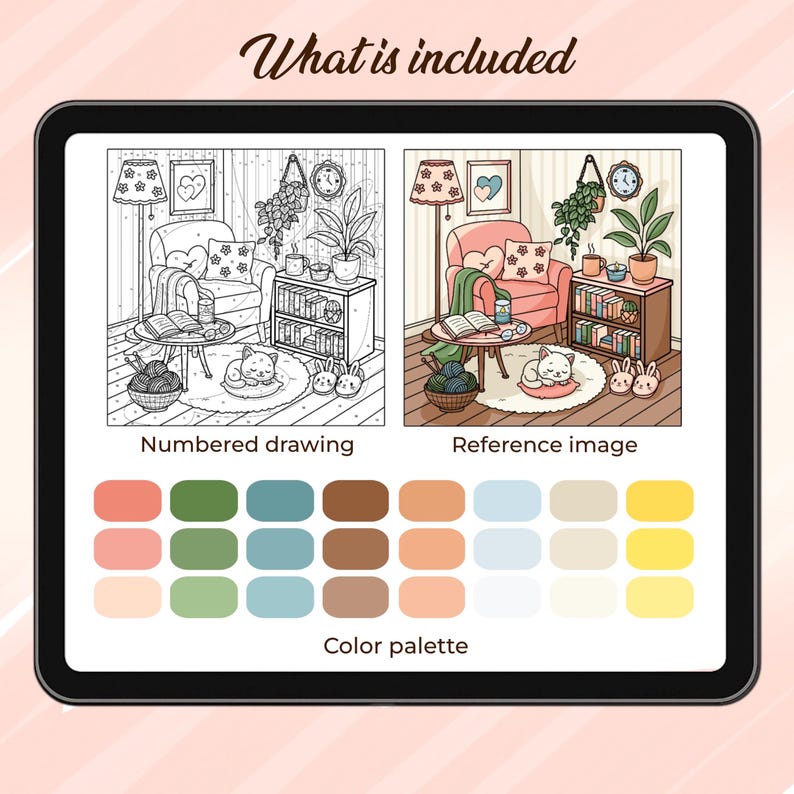 Puede incluir: Una impresi&oacute;n de arte digital en una pantalla de tableta, que presenta una p&aacute;gina de libro para colorear y una imagen de referencia coloreada de una acogedora sala de estar. La imagen incluye una paleta de colores y el texto "What is included".