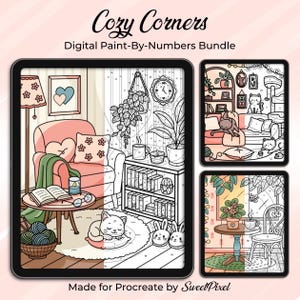 Paquete de páginas para colorear por números de Procreate: Escenas acogedoras (Descarga digital)