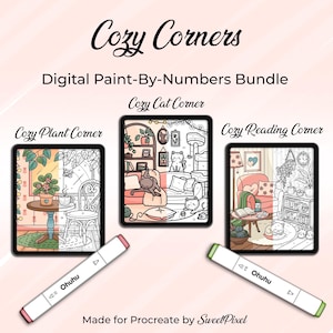 May include: Digital paint-by-numbers bundle titled "Cozy Corners" featuring three cozy room scenes: a plant corner, a cat corner, and a reading corner. Includes two Ohuhu markers. Text on the image includes "Made for Procreate by SweetPixel."