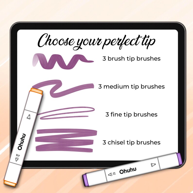 May include: A digital display shows a guide for Ohuhu markers, showcasing different tip styles: brush, medium, fine, and chisel. Each style is demonstrated with a purple stroke, accompanied by the text "Choose your perfect tip." Two markers are visible.