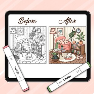Puede incluir: Ilustraci&oacute;n digital de una p&aacute;gina para colorear, dividida en secciones "Antes" y "Despu&eacute;s", que representa una escena de sala de estar acogedora. La imagen incluye un gato, libros y marcadores con la marca "Ohuhu".