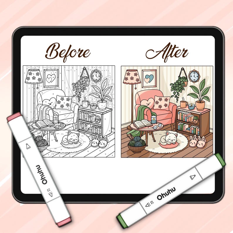 Puede incluir: Ilustraci&oacute;n digital de una p&aacute;gina para colorear, dividida en secciones "Antes" y "Despu&eacute;s", que representa una escena de sala de estar acogedora. La imagen incluye un gato, libros y marcadores con la marca "Ohuhu".