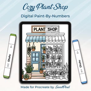 Procreate: Pintura por números: Página para colorear de la acogedora tienda de plantas + paleta de colores