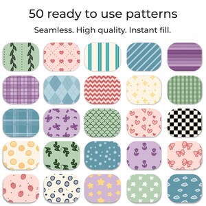 K&ouml;nnte beinhalten: Ein Bild mit 25 einzigartigen, abgerundeten rechteckigen Mustern. Jedes Muster hat ein anderes Design, darunter Streifen, Herzen und florale Motive. Der Text oben lautet "50 ready to use patterns". Die Muster sind in verschiedenen Farben wie Rosa, Blau und Gr&uuml;n gehalten.