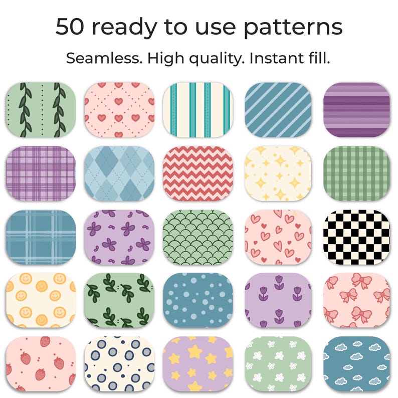 K&ouml;nnte beinhalten: Ein Bild mit 25 einzigartigen, abgerundeten rechteckigen Mustern. Jedes Muster hat ein anderes Design, darunter Streifen, Herzen und florale Motive. Der Text oben lautet "50 ready to use patterns". Die Muster sind in verschiedenen Farben wie Rosa, Blau und Gr&uuml;n gehalten.