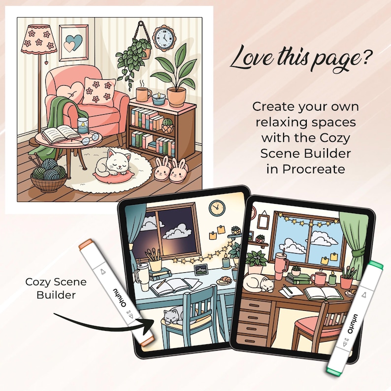 Puede incluir: Ilustraci&oacute;n de una escena de habitaci&oacute;n acogedora con un sill&oacute;n rosa, libros y un gato durmiendo. Dos tabletas muestran escenas similares. El texto dice: "Love this page? Create your own relaxing spaces with the Cozy Scene Builder in Procreate."