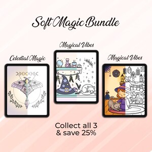 May include: An image advertising a "Soft Magic Bundle" with three digital art pieces displayed on tablets. The art includes a moth, a witch's hat and cat, and a witch with a cat. Text reads "Collect all 3 & save 25%."