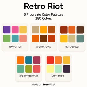 Procreateレトロカラーパレットバンドル、150色のグルーヴィーな60年代カラー、5つのヴィンテージスウォッチパレット、HEXコード、ボーナス塗り絵ページ