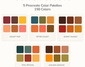Paletas de colores retro de los años 70 para Procreate: 150 colores vintage / 5 paletas geniales para arte digital.