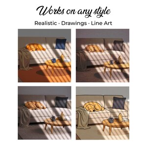 May include: Four illustrations of a dog sleeping on a couch. The couch is beige with a dark blue pillow. A wooden coffee table with a mug and bottle is in front of the couch. The text "Works on any style" is at the top.
