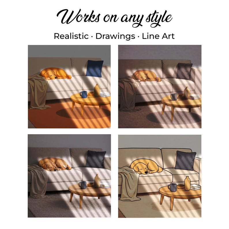 May include: Four illustrations of a dog sleeping on a couch. The couch is beige with a dark blue pillow. A wooden coffee table with a mug and bottle is in front of the couch. The text "Works on any style" is at the top.