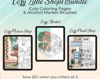 Cozy Coloring Pages Bundle – Market, Plant & Flower Shop + Alcohol Marker Brushes for Procreate | Cute Procreate Coloring Set