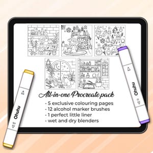 May include: A digital art pack on a tablet, showcasing five colouring pages with witchy themes. Includes two Ohuhu markers, one yellow and one purple. Text reads "All-in-one Procreate pack" with details about pages, brushes, and liners.
