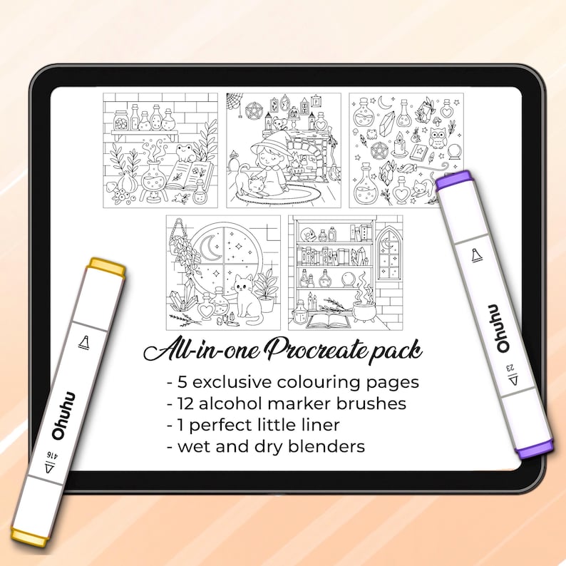 May include: A digital art pack on a tablet, showcasing five colouring pages with witchy themes. Includes two Ohuhu markers, one yellow and one purple. Text reads "All-in-one Procreate pack" with details about pages, brushes, and liners.