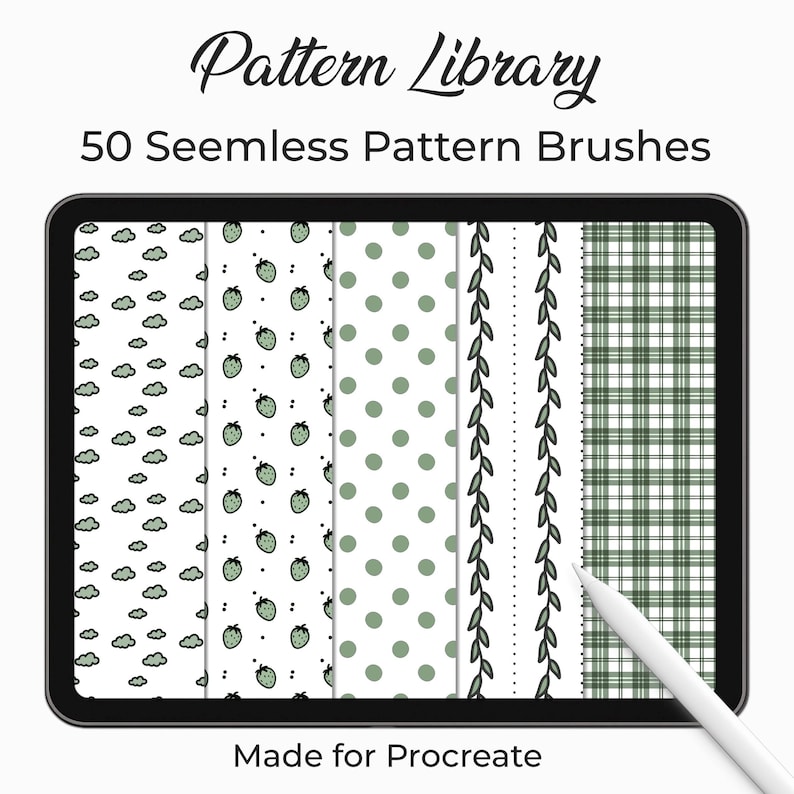 K&ouml;nnte beinhalten: Ein digitales Tablet zeigt 50 nahtlose Musterpinsel. Die Muster umfassen Wolken, Erdbeeren, Punkte, Bl&auml;tter und Karomuster in Gr&uuml;n auf Wei&szlig;. Der Text lautet "Pattern Library" und "Made for Procreate".