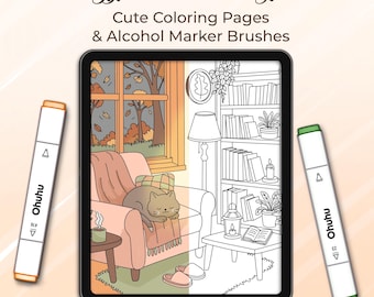 Procreate Alcohol Marker Brush Set, Cozy Autumn Nights Coloring Pages, Digital Download