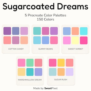 Pacchetto di palette di colori pastello per Procreate, 150 colori pastello, 5 palette di campioni kawaii, codici HEX + pagina da colorare bonus